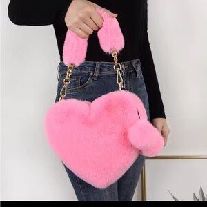 Pink Heart-Shaped Faux Fur Handbag